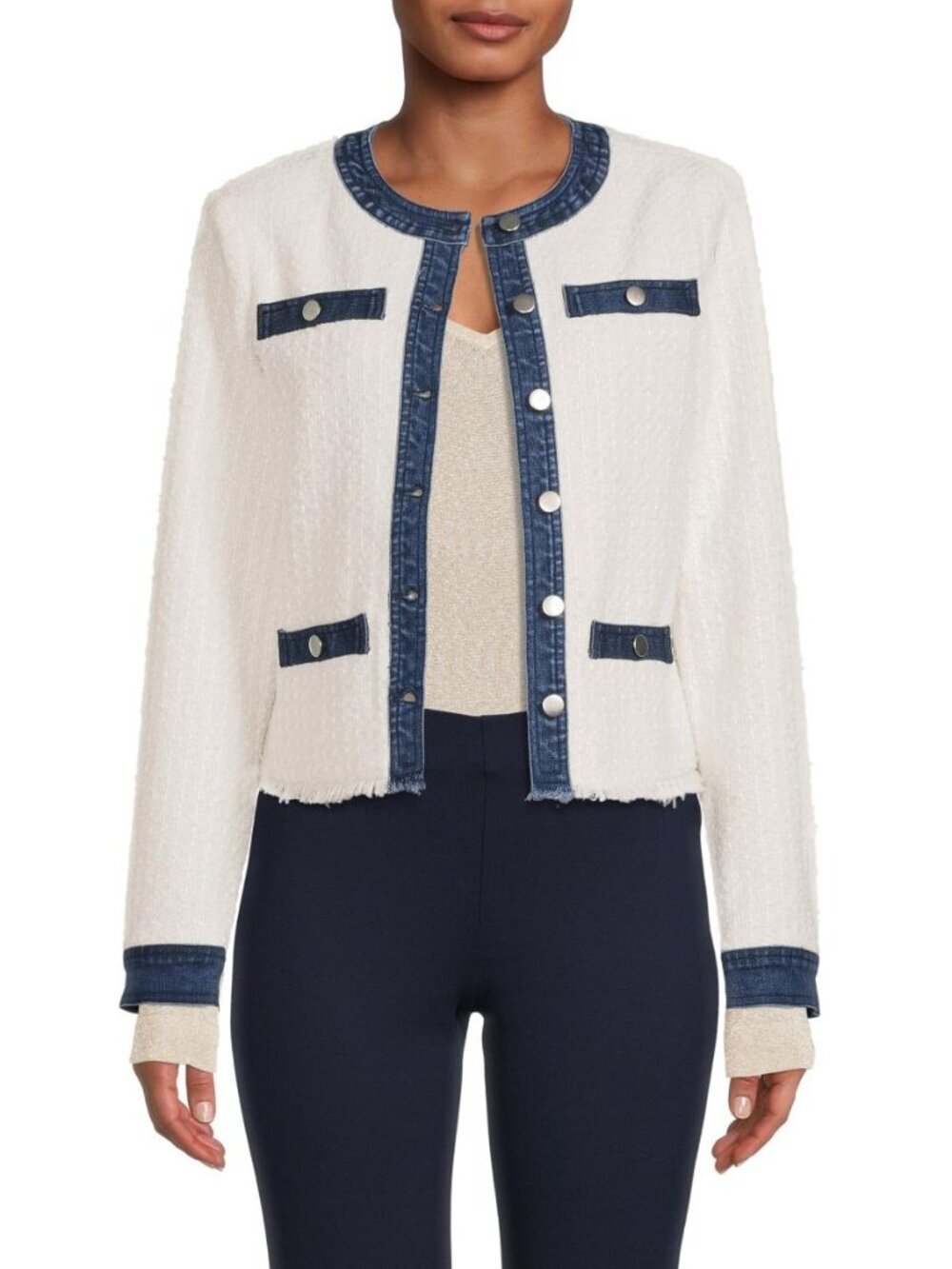 Tweed Textured Denim Trim Collarless Frayed Hem Lady Jacket Blazer M